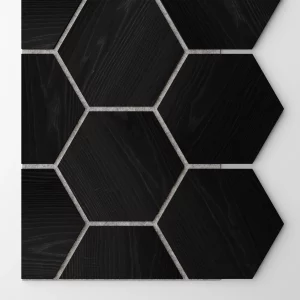 Ribbon-Hexagon Black Diamond Ash start panel with white acoustic felt with dimensions