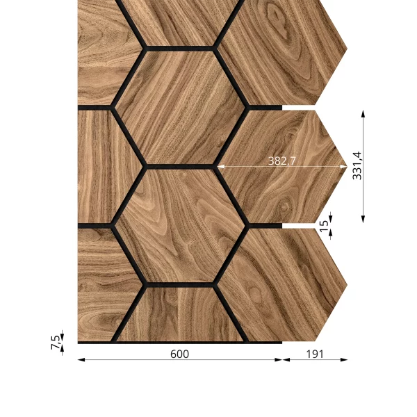 Ribbon-Hexagon Diamond Walnut start panel with dimensions