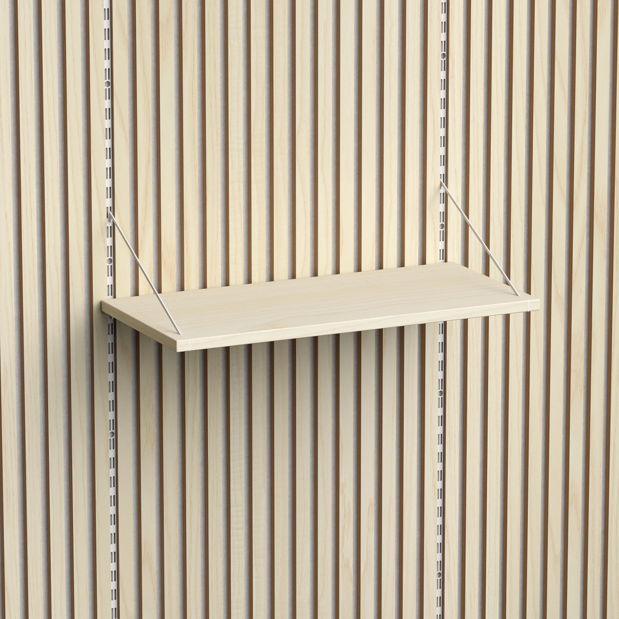 Brace wall shelf 640 Diamond Ash white console with Diamond Ash acoustic panels